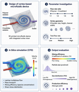 Graphical abstract of CFD simulation of a vortex-based microfluidic device for nanogel synthesis